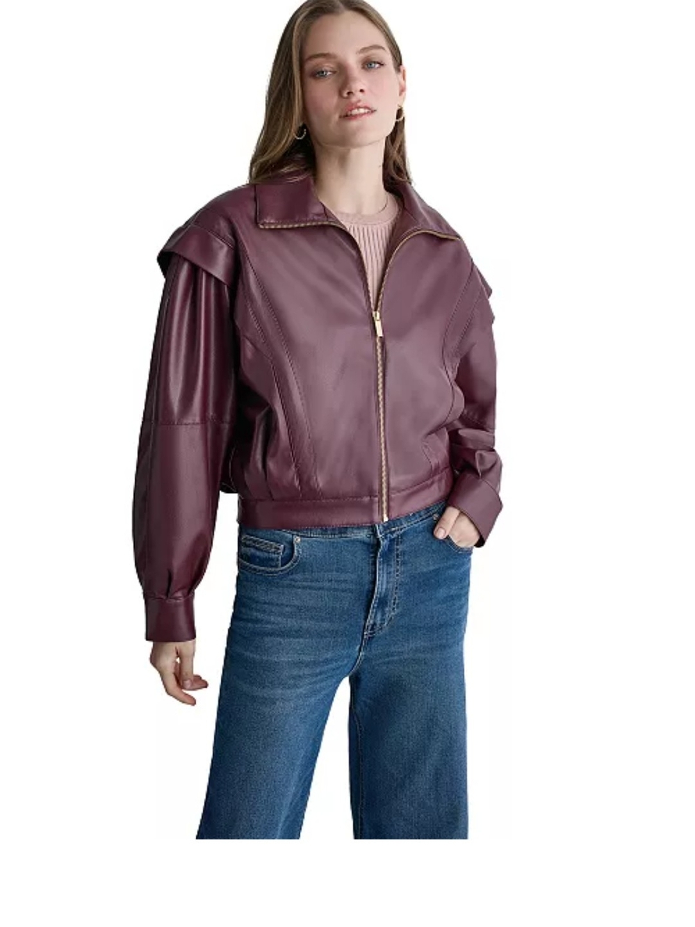 Womens Mauve Zip-Front Faux Leather Jacket